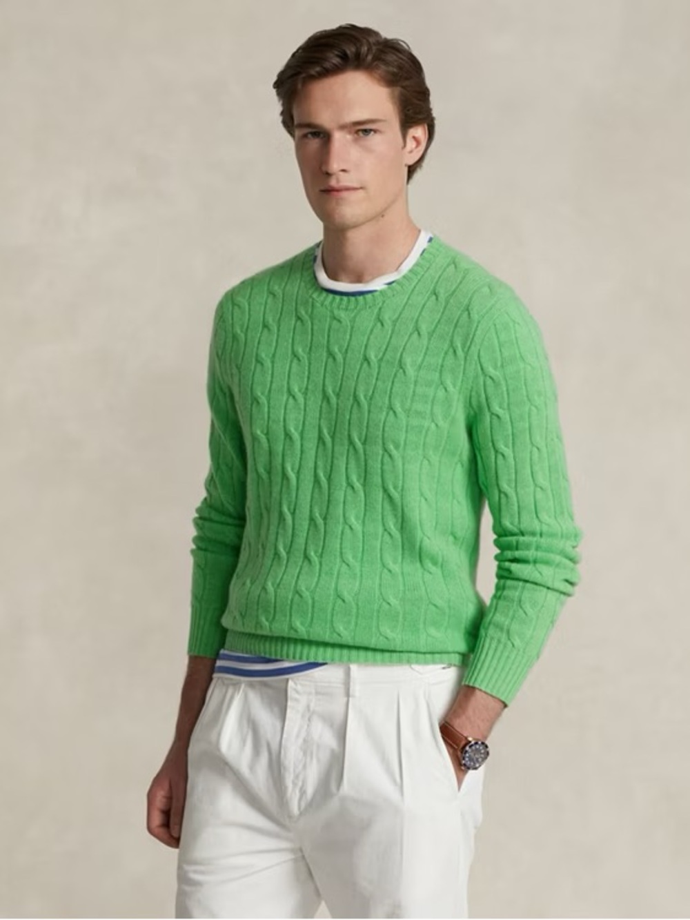 Polo Ralph Lauren Iconic Cable-Knit Sweater 100%  Cashmere Crew Neck Green Med